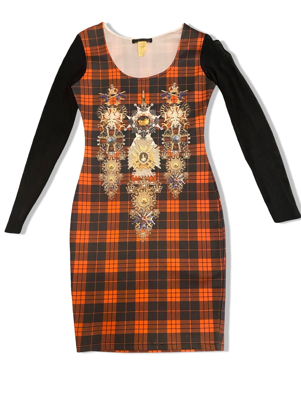 Women’s red Plaid sheer Sleeve Bodycon Dress with Embellished Front